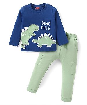 Babyhug Terry Knit Full Sleeves T-Shirt & Lounge Pants Set With Dino Applique - Blue & Green