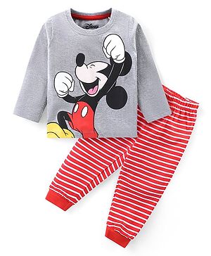 Babyhug Disney Cotton Knit Full Sleeves Night Suit With Mickey Mouse Graphics - Grey & Red
