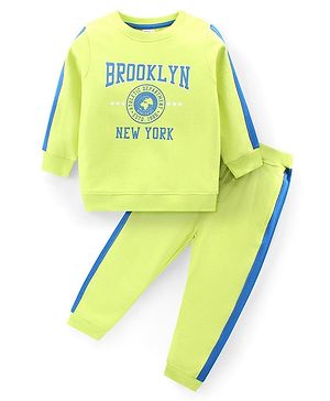 Babyhug Cotton Knit Full Sleeves T-Shirt & Lounge Pants Set With Text Print - Lime