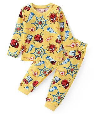 Babyhug Marvel Single Jersey Knit Full Sleeves Night Suit With Spider Man Print - Yellow