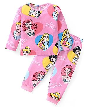 Babyhug Disney Single Jersey Knit Full Sleeves Night Suit With Princess Print - Pink