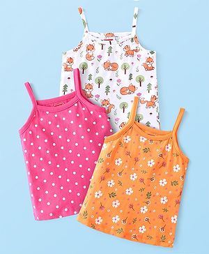 Babyhug Single Jersey 100% Cotton Knit Singlet Sleeves Antibacterial Slips With Polka Dots & Floral Print Pack of 3 - Orange White & Pink
