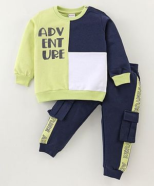 Kookie Kids Terry Knit Full Sleeves Cut & Sew Text Printed Winter Wear T-Shirt & Jogger Set with Cargo Pockets - Navy Blue & Green