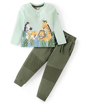Babyhug Cotton Knit Full Sleeves Henley T-Shirt & Lounge Pants Set With Animals Print - Light Blue & Olive