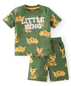 Babyhug Cotton Knit Half Sleeves T-Shirt & Shorts Co-Ord Set With Little King Cub Print - Green