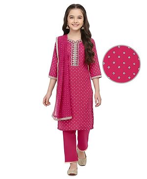 Pine Kids Woven Three Fourth Sleeves  Bandhani Foil Printed Kurta & Churidar Set with Dupatta & Floral Embroidery - Pink
