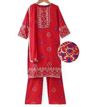 Pine Kids Woven Full Sleeves Printed Kurta Salwar Set with Dupatta - Red