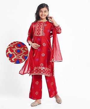 Pine Kids Woven Full Sleeves Printed Kurta Salwar Set with Dupatta - Red