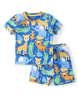 Babyhug Cotton Knit Half Sleeves T-Shirt & Shorts Co-Ord Set With Animals Print - Blue