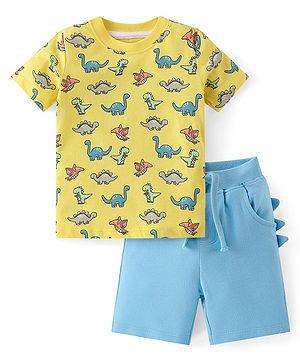 Babyhug Cotton Knit Half Sleeves T-Shirt & Shorts Set With Dino Print - Yellow & Blue