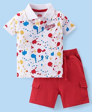 Babyhug Single Jersey Knit Half Sleeves T-Shirt & Shorts Set Text Embroidery - White & Red