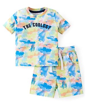 Babyhug Cotton Knit Half Sleeves Tie & Dye T-Shirt & Shorts Set With Text Print - Multicolor