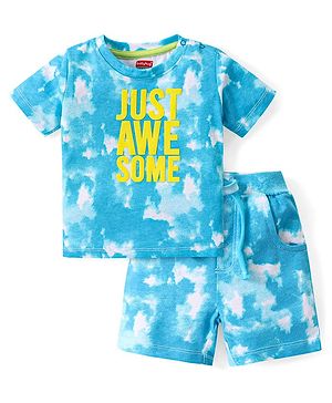 Babyhug Single Jersey Knit Half Sleeves Tie & Dyed  T-Shirt & Short Set with Text Print - Blue