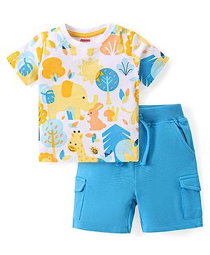 Babyhug Single Jersey Knit Half Sleeves T-Shirt & Shorts Set with Elephant Print - Blue & White