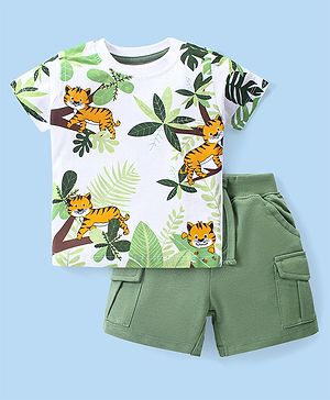 Babyhug Single Jersey Knit Half Sleeves T-Shirt & Shorts Set with Tiger Print - White & Green