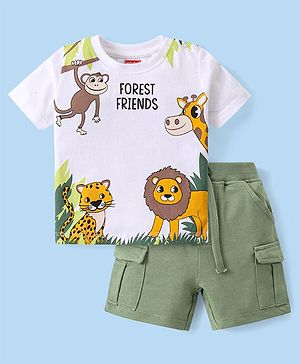 Babyhug Single Jersey Knit Half T-Shirt & Shorts Set Animal Print - Green & White