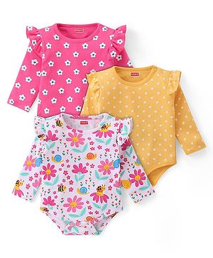 Babyhug 100% Cotton Knit Full Sleeves Onesies with Polka Dots Floral Print & Frill Detailing Pack of 3 - Yellow Pink & White