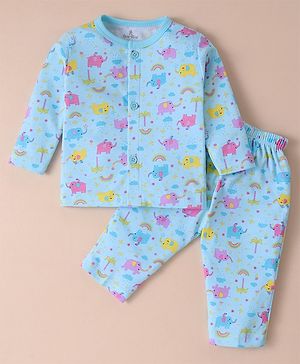 Child World Interlock  Knit Full Sleeves Front Open Night Suit with Elephant Print - Blue