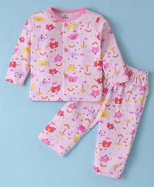 Child World Interlock  Knit Full Sleeves Front Open Night Suit with Elephant Print - Pink