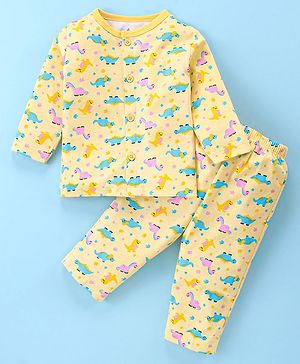 Child World Interlock Full Sleeves Front Open Night Suit with Dino Print - Gold