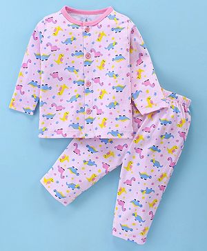 Child World Interlock Full Sleeves Front Open Night Suit with Dino Print - Pink