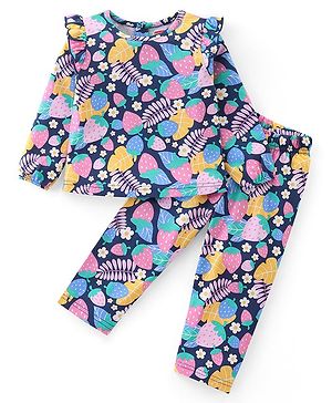 Babyhug Cotton Knit Full Sleeves Night Suit with Floral Print - Multicolour