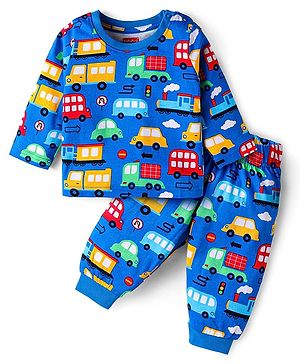 Babyhug Cotton Knit Full Sleeves Night Suit with Car  Print - Blue