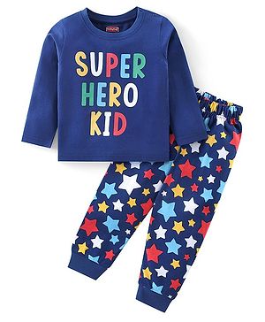 Babyhug Cotton Knit Full Sleeves Night Suit with Text & Star Print - Navy Blue