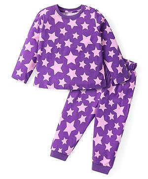 Babyhug Cotton Knit Full Sleeves Night Suit With Stars Print - Purple