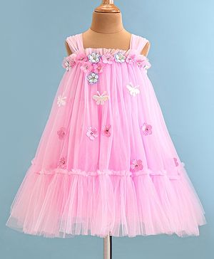 Bluebell Net Sleeveless Frock with Floral Applique - Pink