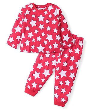 Babyhug Cotton Knit Full Sleeves Night Suit With Stars Print - Red