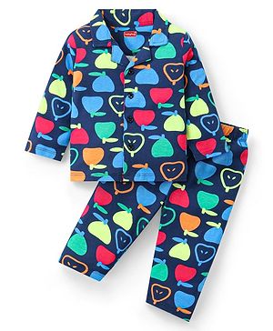 Babyhug Cotton Knit Full Sleeves Front Open Night Suit With Fruits Print - Navy