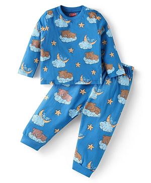 Babyhug Cotton Knit Full Sleeves Bear Printed Night Suit -  Blue