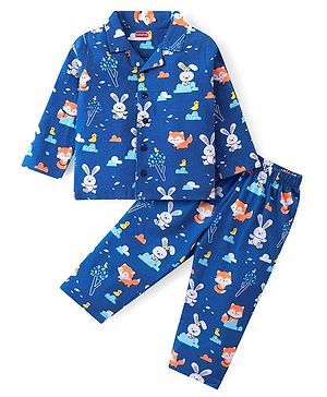 Babyhug Cotton Knit Full Sleeves Night Suit With Animals Print - Blue