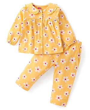 Babyhug Cotton Knit Full Sleeves Peter Pan Collared Night Suit With Floral Print - Yellow
