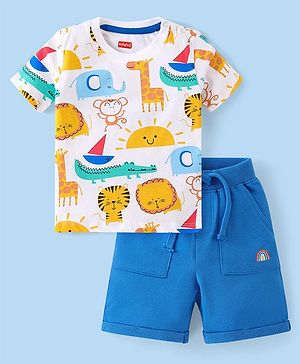 Babyhug Cotton Knit Half Sleeves T-Shirt & Shorts Set With Animals Print - White & Blue