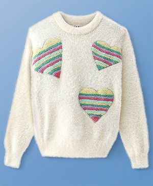 Arias Knitted Full Sleeves Pullover Sweater With Hearts Embroidery Detailing - Off White