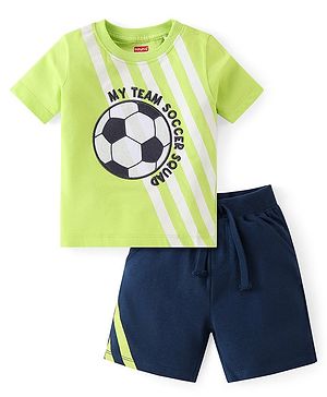 Babyhug Cotton Knit Half Sleeves T-Shirt & Shorts Set With Soccer Ball Embroidery - Green & Blue
