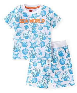 Babyhug Cotton Knit Half Sleeves T-Shirt & Shorts Co-Ord Set With Sea World Print - White & Blue