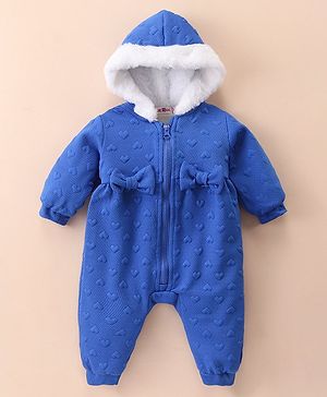 Kookie Kids Full Sleeves Winter Wear Hearts Designed Solid Color Romper Bow Applique - Blue