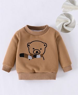 Kookie Kids Full Sleeves Winter T-Shirt with Bear Print - Brown