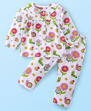 Babyhug Cotton Knit Full Sleeves Front Open Night Suit with Peter Pan Collar & Floral Print - White