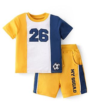 Babyhug Cotton Knit Half Sleeves Color Block T-Shirt & Shorts Set With Number Embroidery - Yellow White & Navy