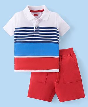 Babyhug Single Jersey Knit Half Sleeves Striped T-Shirt & Shorts Set - Multicolor