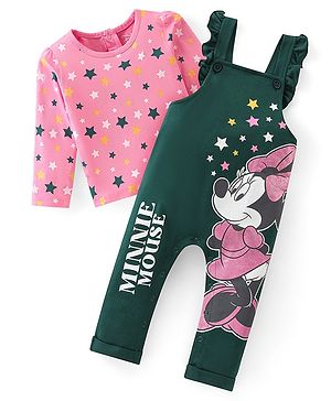 Babyhug Disney  Knit Dungaree with Full Sleeves T-Shirt Star & Minnie Mouse glitter Print - Pink & Green