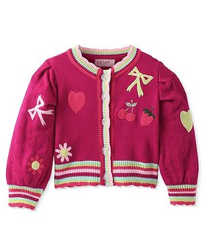 Arias Knitted Full Puff Sleeves Front Open Sweater with Fruits & Bow Embroidery Detailing - Fuchsia