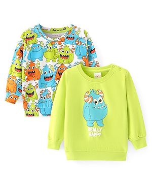 Babyhug Knit Full Sleeves Sweatshirts With Monster Print Pack of 2 - Green & Blue