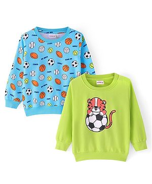 Babyhug Cotton Knit Full Sleeves Football & Tiger Printed Sweatshirts Pack of 2 - Limegreen & Blue