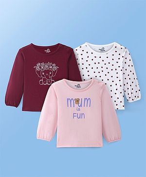 Doodle Poodle 100% Cotton Knit Full Sleeves Elephant & Heart Printed Tops Pack of 3 - White Maroon & Pink