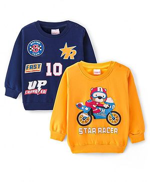 Babyhug Cotton Knit Full Sleeves Sweatshirts With Bear Print Pack of 2 - Yellow & Navy Blue